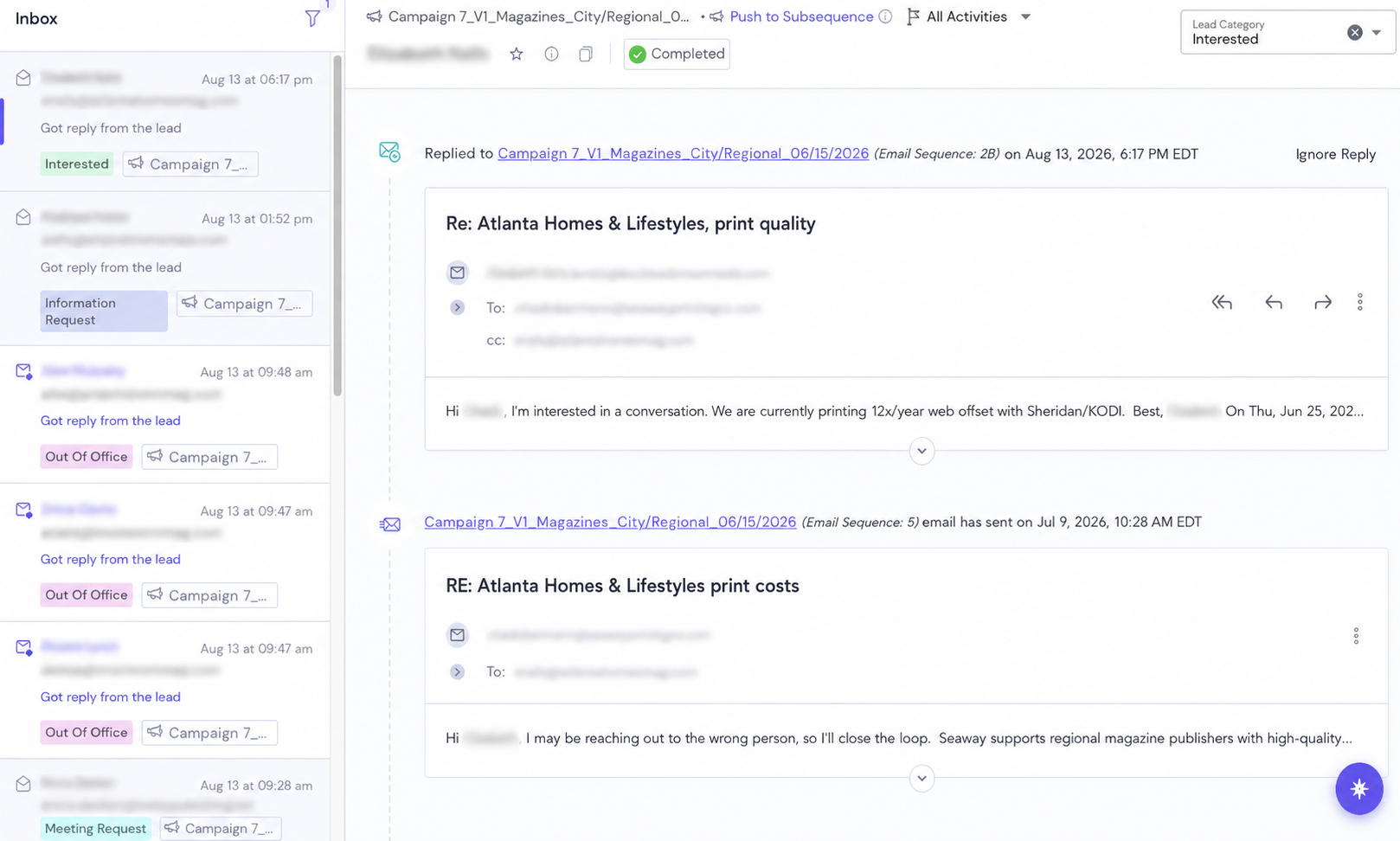 Unified reply inbox showing prospect replies tagged by lead category — Interested, Information Request, Meeting Request, Out Of Office — with the campaign and sequence step for each