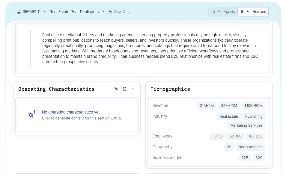 Segment builder showing an ideal customer profile with firmographics: revenue, industry, employees, geography, and business model