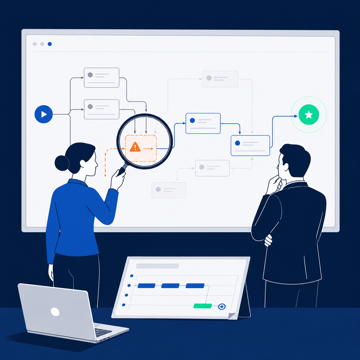 Two colleagues reviewing a workflow diagram with a magnifying lens highlighting a broken process step