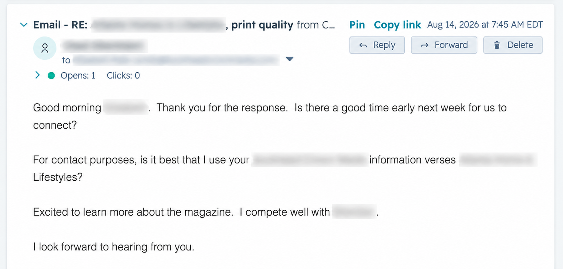CRM email activity showing a prospect reply asking to connect early next week, with open and click tracking